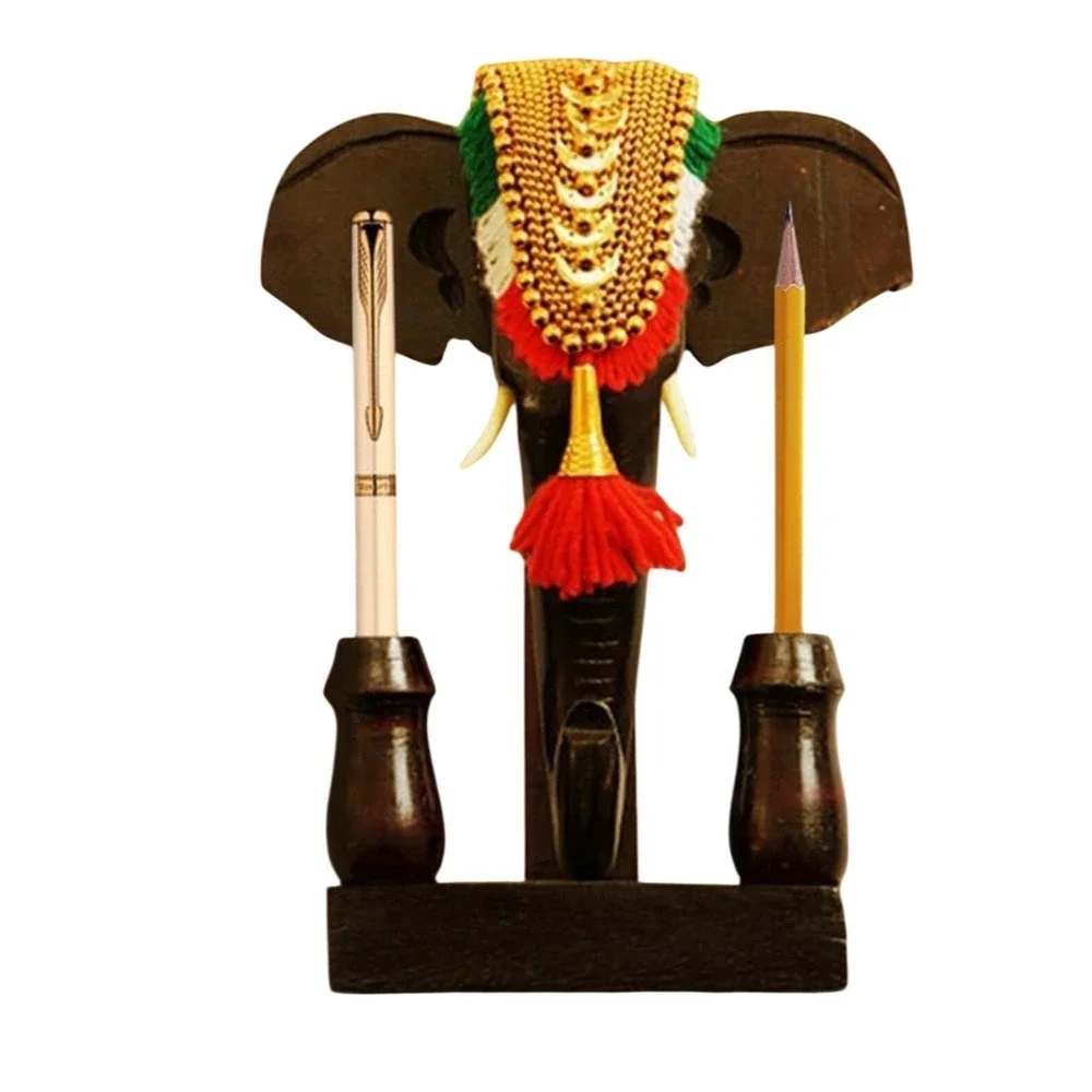 Handcrafted wooden elephant‎ head with nettipattam with pen holder Kerala 6